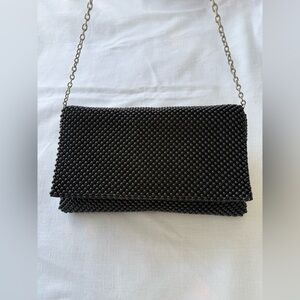 INC International Concepts Prudence Black Beaded Clutch with Silver Chain Strap
